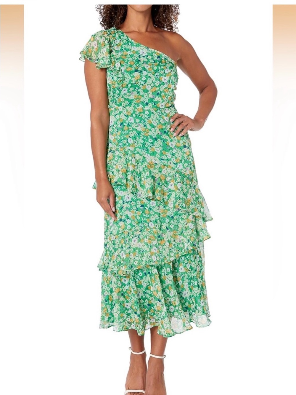 ASTR The Label Victoriana One-Shoulder Green Floral Ruffle Midi Dress